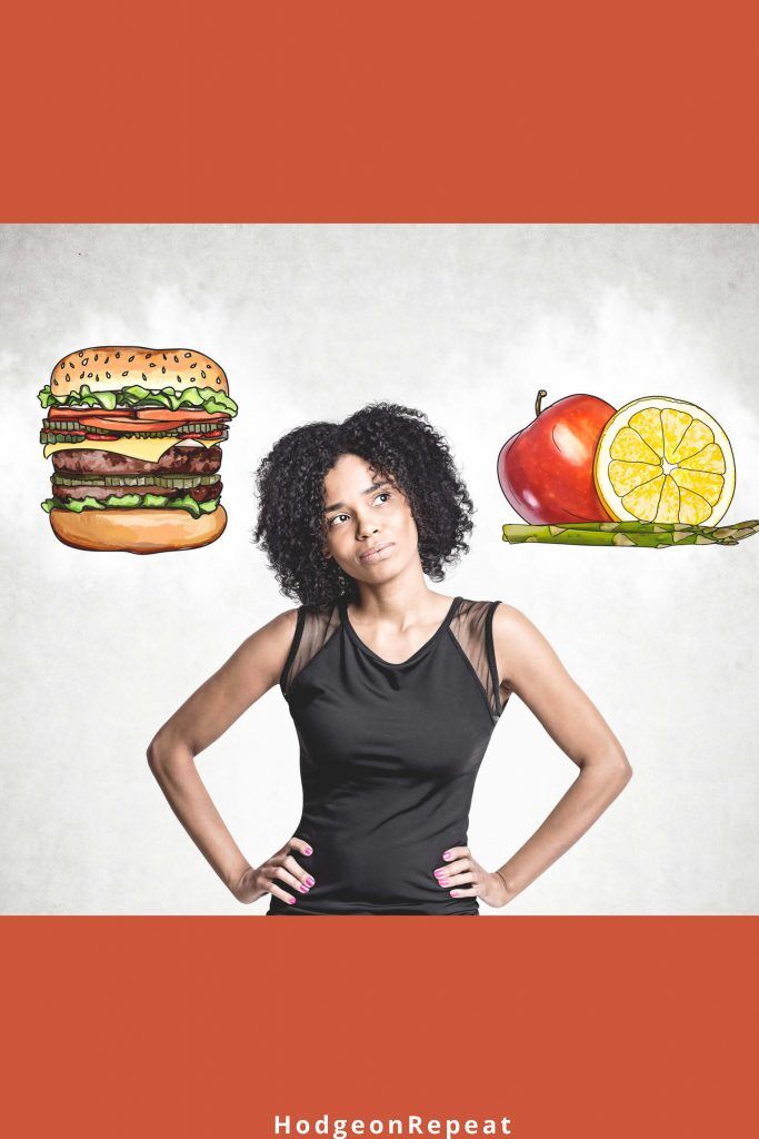 HodgeonRepeat blog - woman considering burger or vegetables - rebounding from a dietary slip