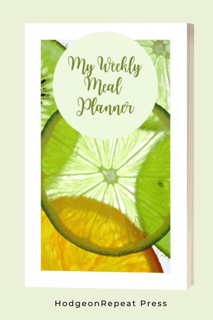 HodgeonRepeat Press 52-week meal planner book cover with words My Weekly Meal Planner and citrus fruit image